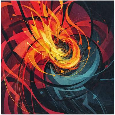 The primary subject of the image is a colorful, abstract design featuring a swirling pattern of red, blue, and yellow colors. The setting is a black background, which contrasts with the vibrant colors of the design. The visual style appears to be a combination of digital art and illustration, creating a dynamic and eye-catching piece. The overall atmosphere is energetic and lively, with the swirling pattern evoking a sense of movement and dynamism.